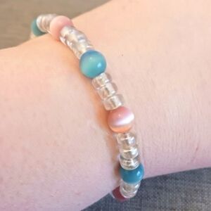 Pink and Aqua Glass Beaded Bracelet on Memory Wire - New Item